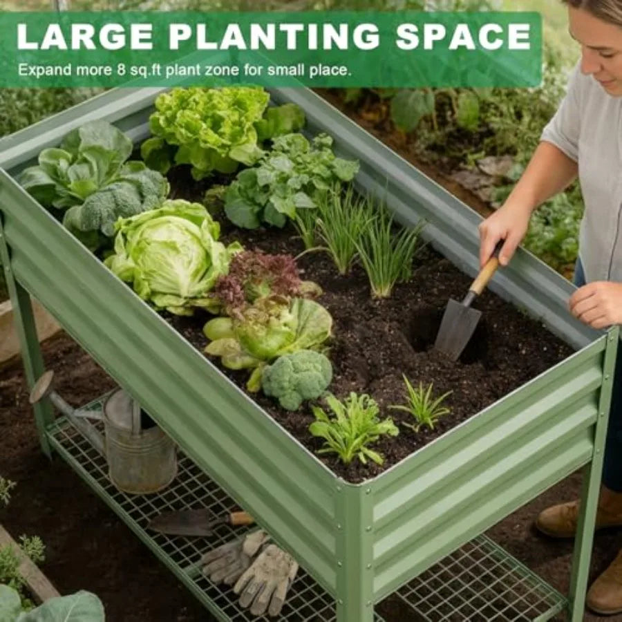 Elevated Raised Garden Bed 48x24x32in Galvanized Metal Planter Box Olive Green Outdoor with Storage Rack Drainage Holes Large G