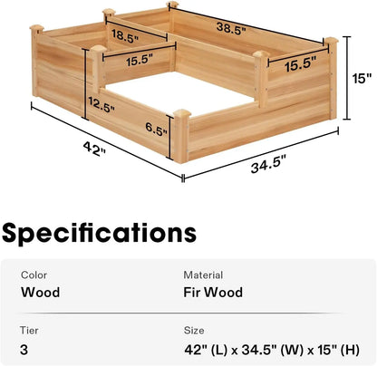 3-Tier Wooden Raised Garden Bed, 42.5x34.5x15 Inches Elevated Planter Box with Screwdriver for Outdoor Planting