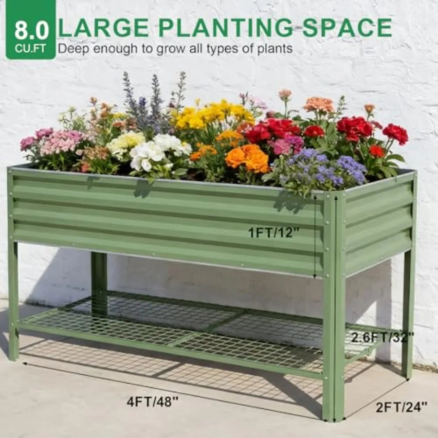 Elevated Raised Garden Bed 48x24x32in Galvanized Metal Planter Box Olive Green Outdoor with Storage Rack Drainage Holes Large G