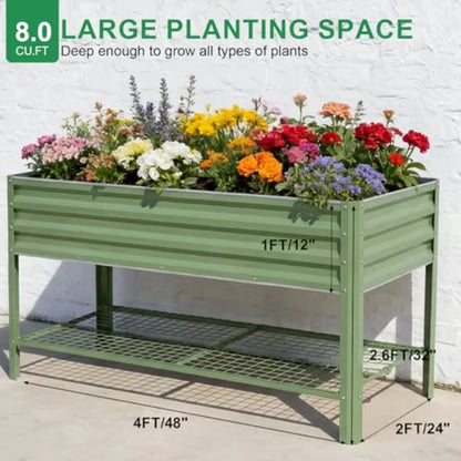 Elevated Raised Garden Bed 48x24x32in Galvanized Metal Planter Box Olive Green Outdoor with Storage Rack Drainage Holes Large G