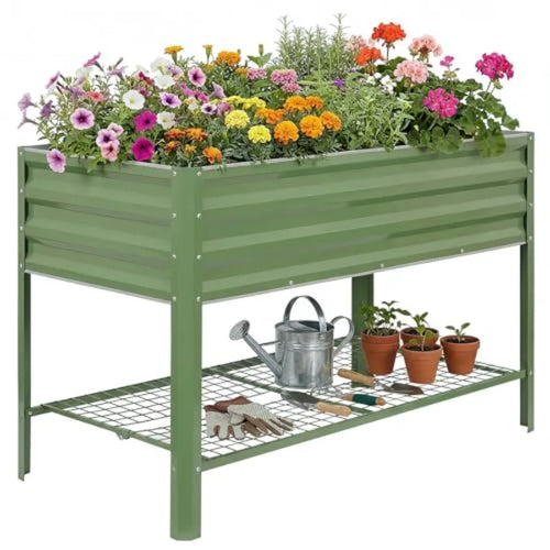 Elevated Raised Garden Bed 48x24x32in Galvanized Metal Planter Box Olive Green Outdoor with Storage Rack Drainage Holes Large G
