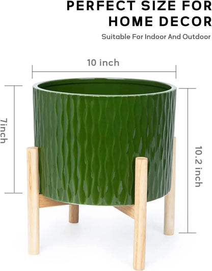 10 Inch Ceramic Plant Pot with Wood Stand, Modern Round Flower Planter Indoor Outdoor, Dark Green Water Ripple Pattern