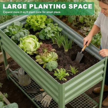 Elevated Raised Garden Bed 48x24x32in Galvanized Metal Planter Box Olive Green Outdoor with Storage Rack Drainage Holes Large G
